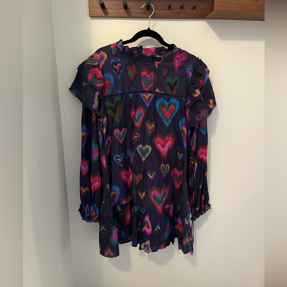 NWT Anthropologie FARM RIO Ruffled Mock Neck Navy Ikat Dyed Hearts Mini Dress XL - Picture 4 of 8